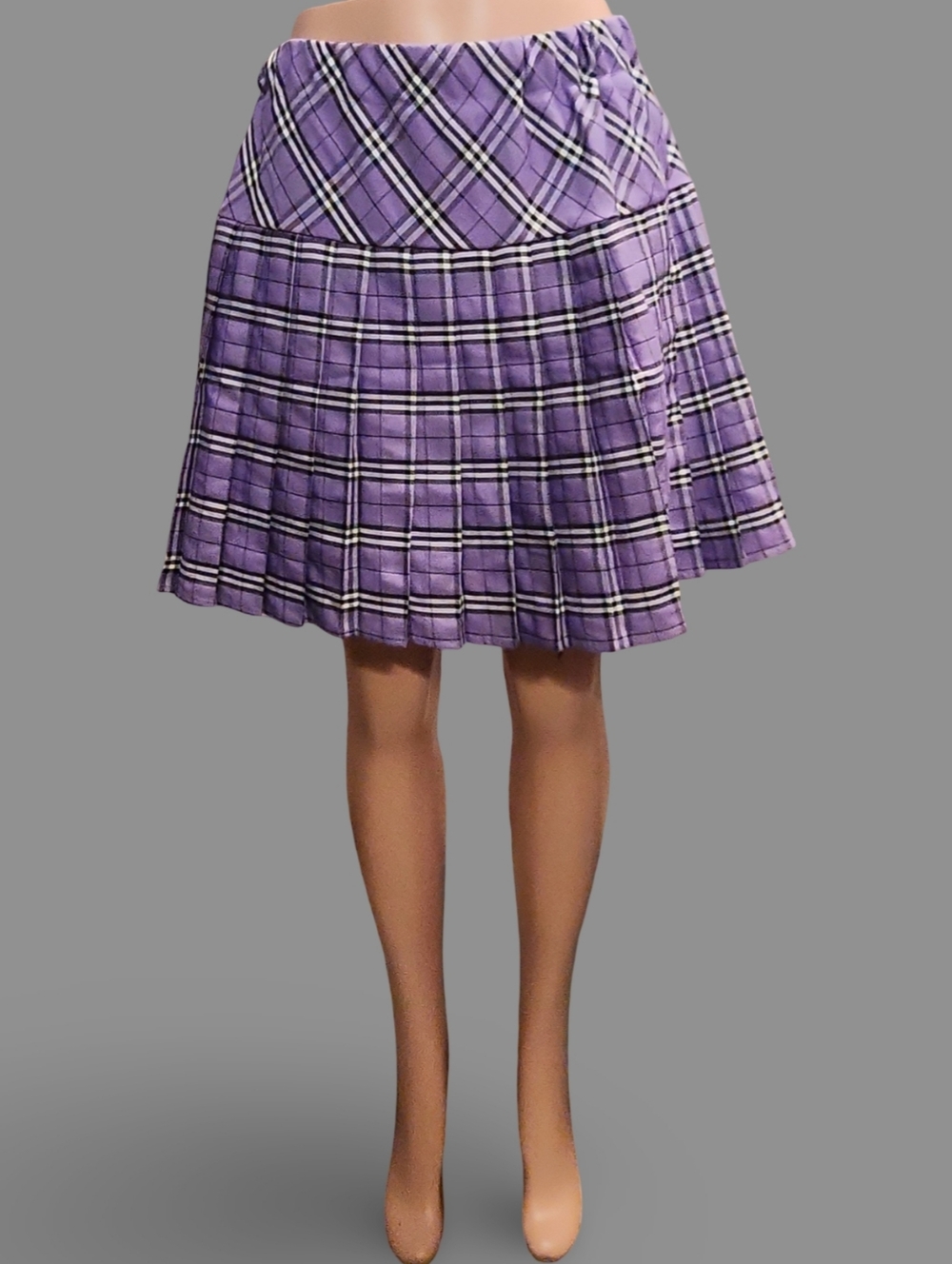 Women's Purple Plaid Pleated Knee Skirt Twill Pull On Casual Preppy - Picture 2 of 10